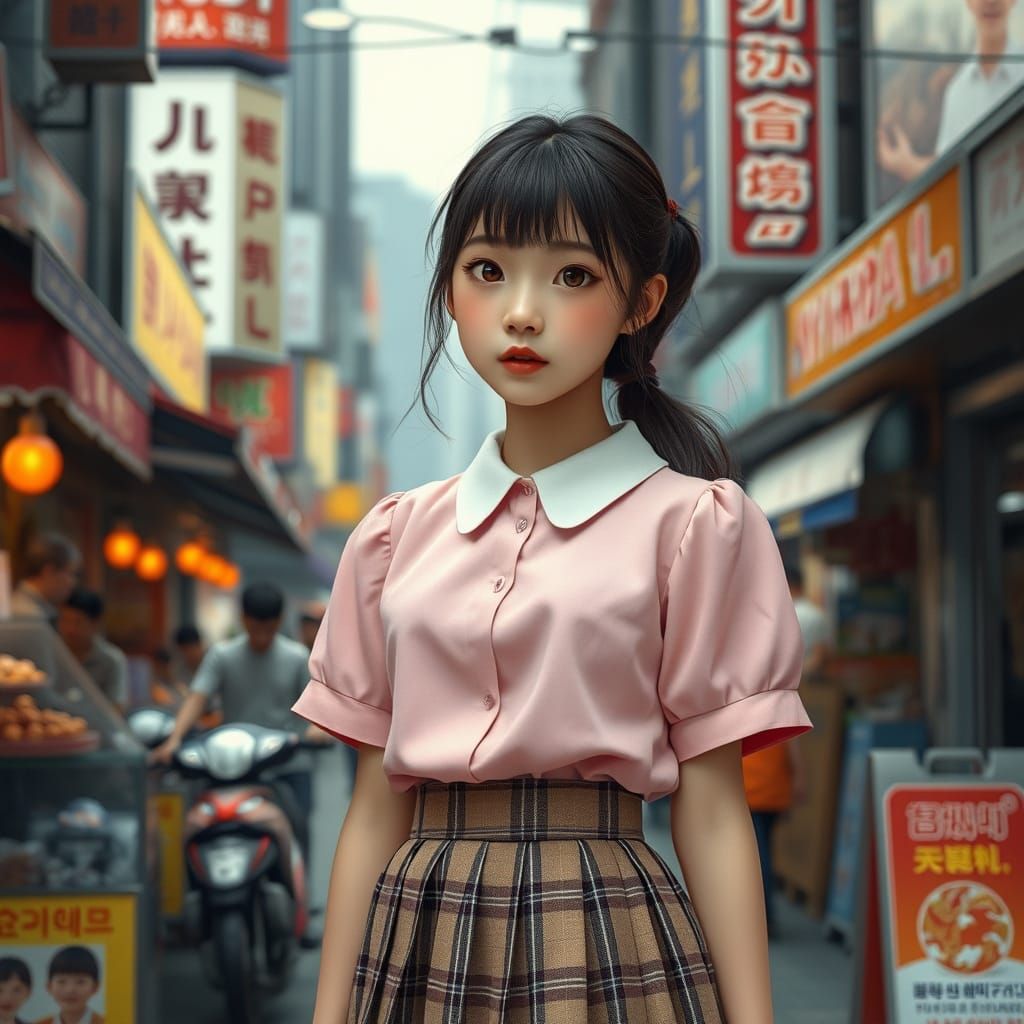 Korean Teen in Vibrant Seoul Street Scene