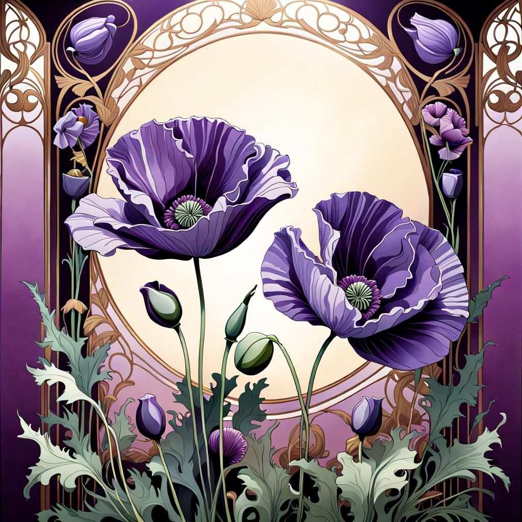 Purple Poppies in Rococo Style with Gold Leaf