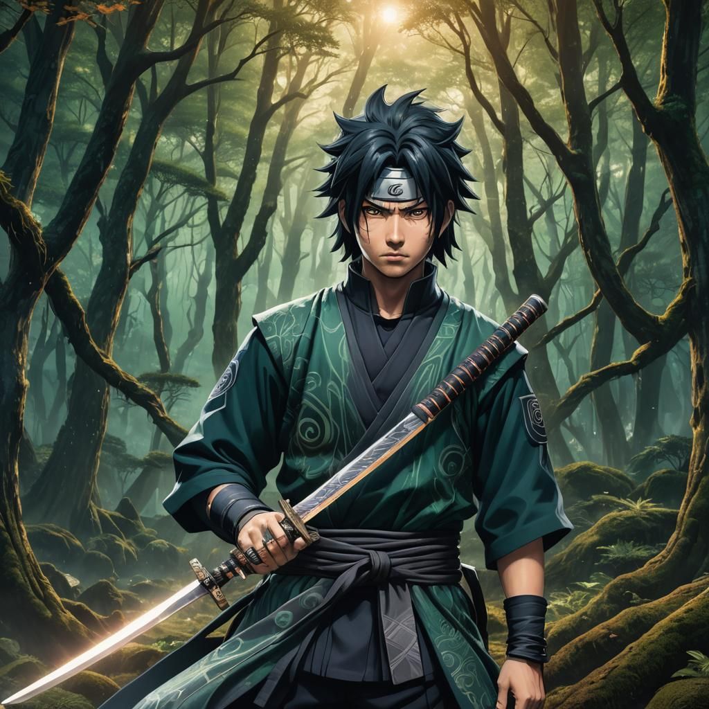Sasuke Uchiha Portrait in Mystical Forest