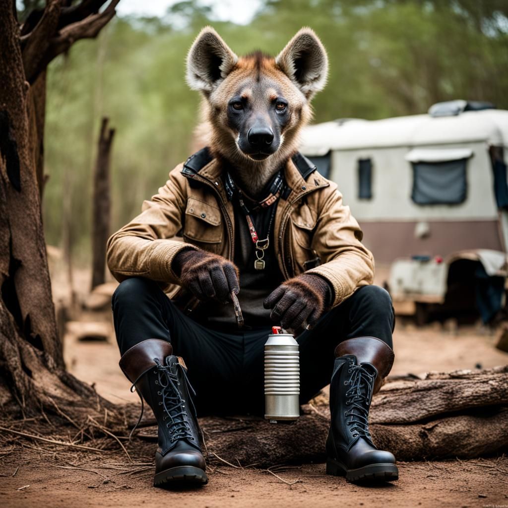 Anthro Hyena Man Relaxing at Campsite