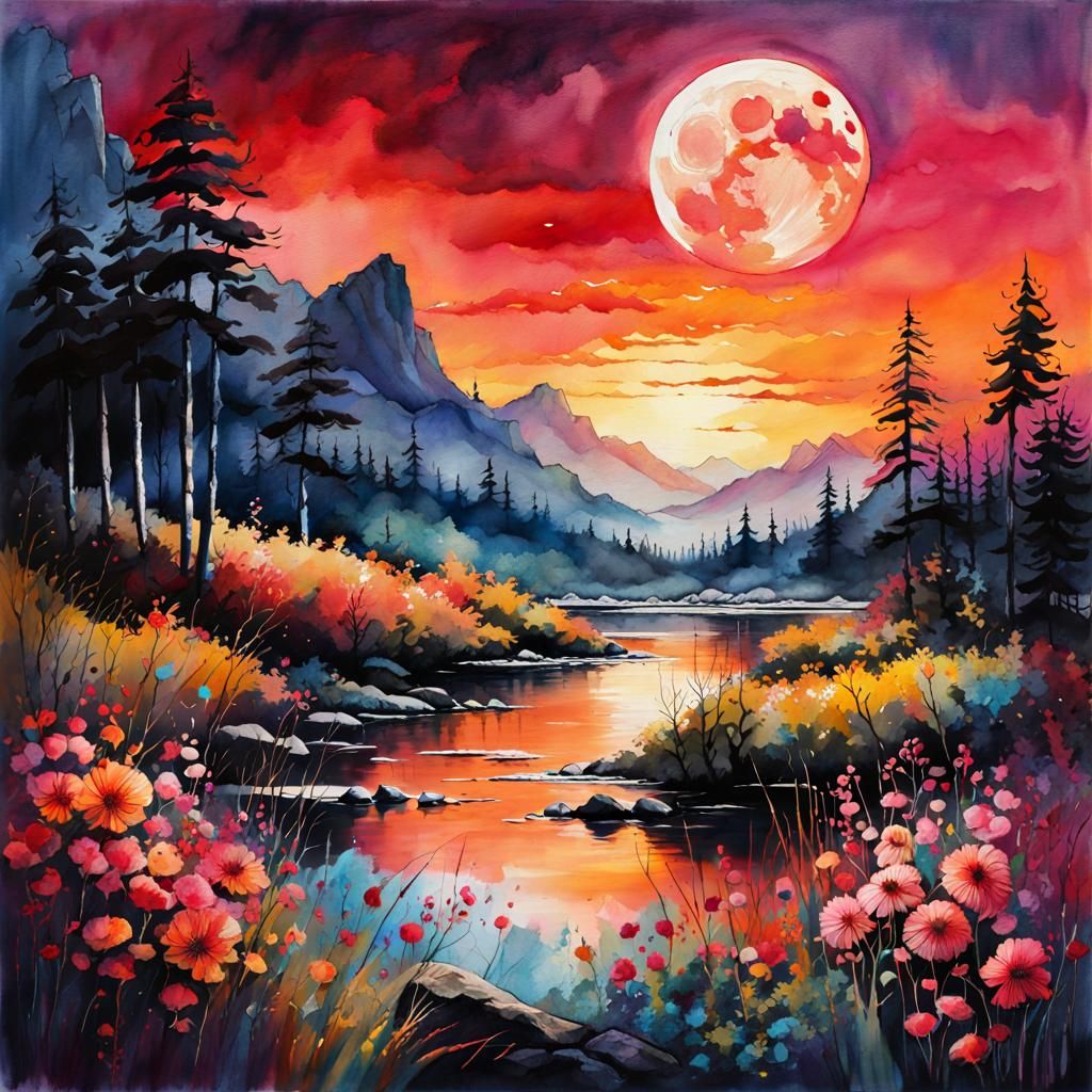 Blood Moon Summerscape in Digital Watercolor Style