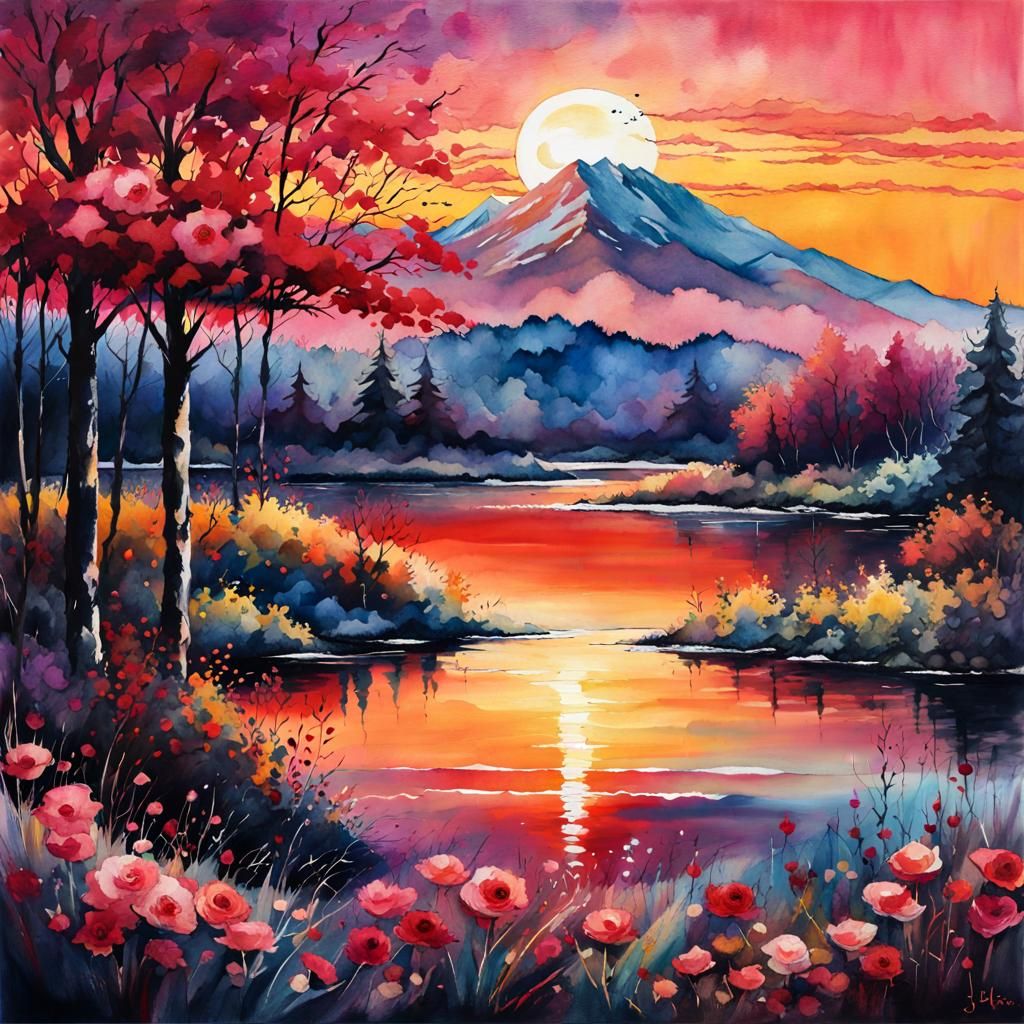 Blood Moon Summerscape Sunset in Digital Watercolor