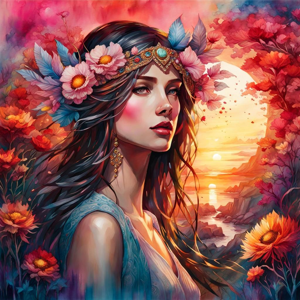 Bloodmoon Summerscape Digital Watercolor Illustration