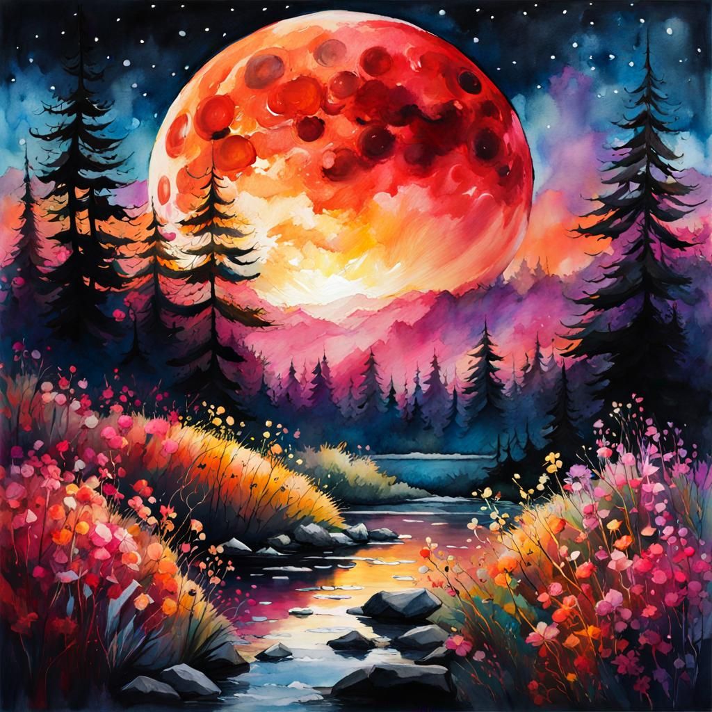 Bloodmoon Digital Watercolor Summerscape Sunset Illustration