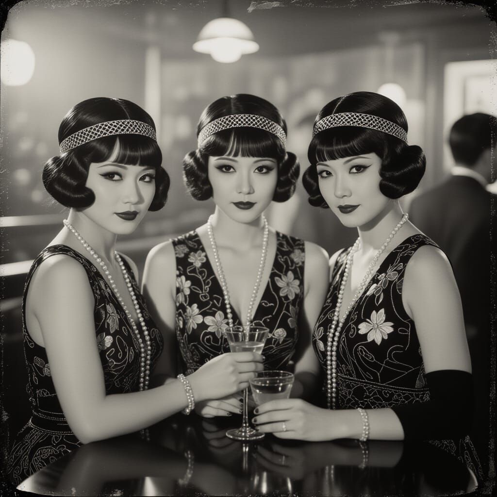Japanese Flapper Girls in 1920s Speakeasy