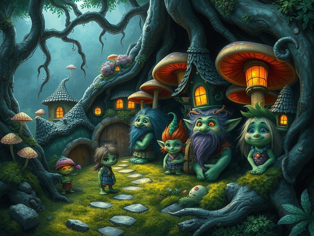 Enchanting Troll Village with Glowing Mushrooms