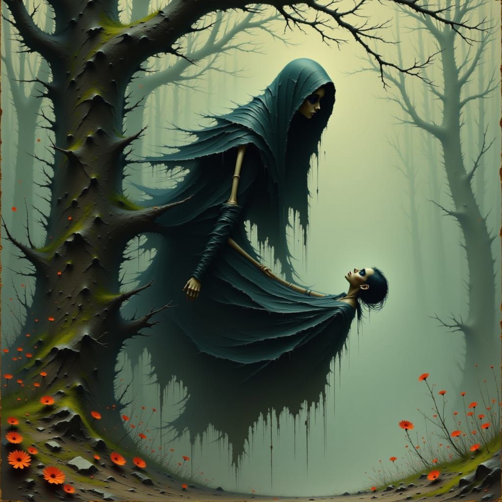 Eerie Skeleton in Twisted Tree, Horror Art