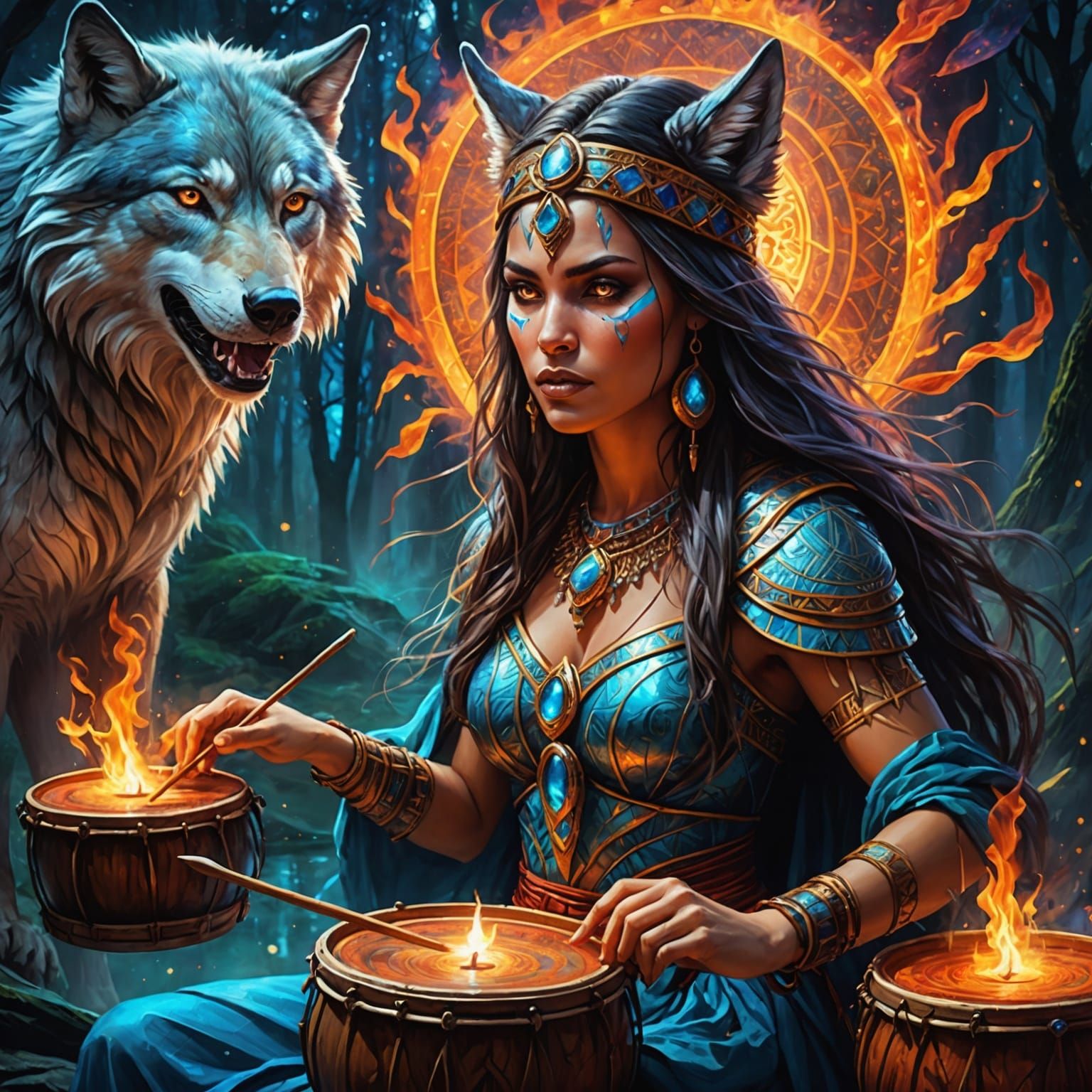 Ethereal She-Wolf Shamaness Drumming Under Cosmic Lights