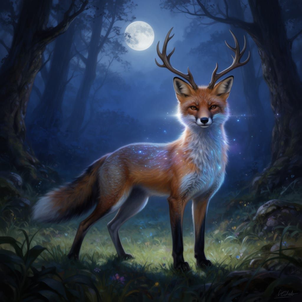 Ethereal Fox-Deer Hybrid in Moonlit Forest