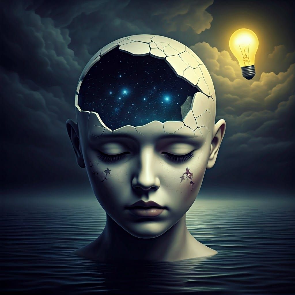 Melancholy Porcelain Face with Escaping Stars