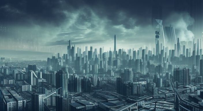 Dystopian Future Cityscape with Polluted Skyline