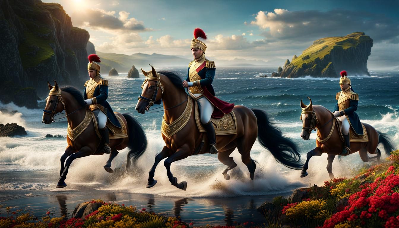 Royal Horses Running on Beach, Detailed Digital Painting