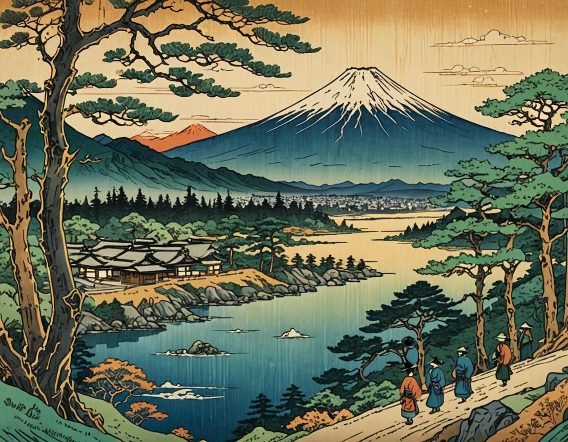 Ukiyo-e Woodblock Print of Shono Landscape and Fuji