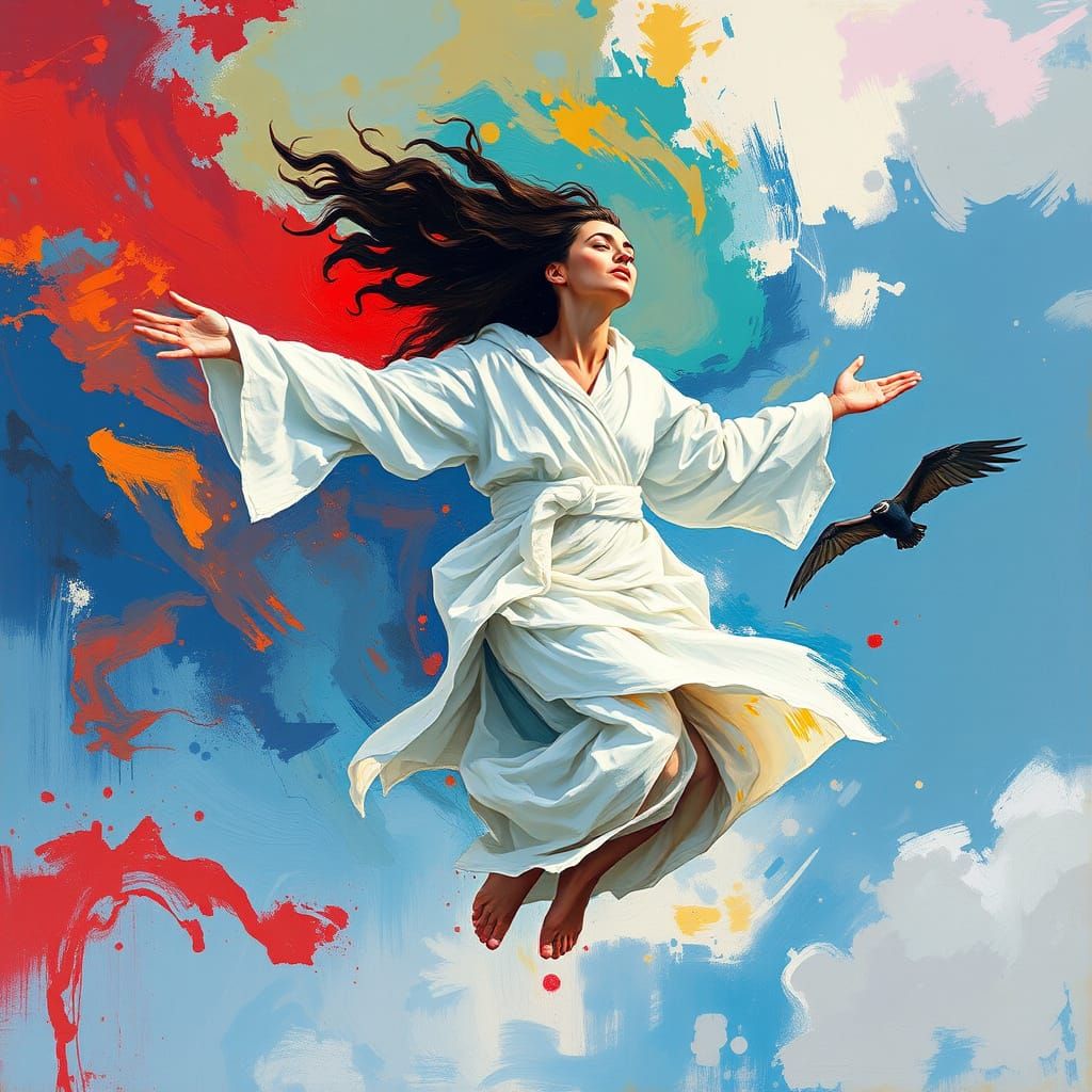 Ethereal Being Soaring Through Expressionist Sky