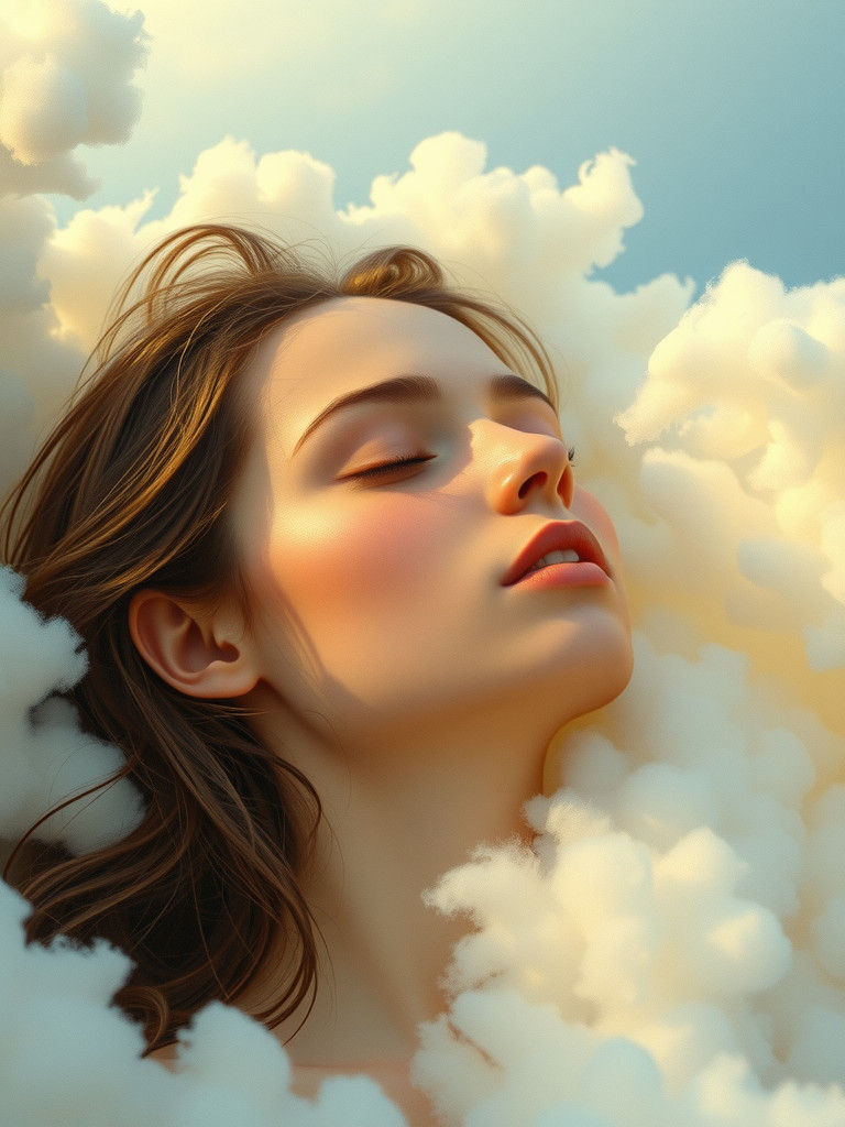 Dreamy Woman Surrounded by Clouds in Surrealist Style