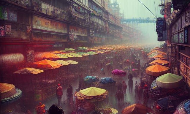 Busy Fantasy City Street Market in Hyperdetail