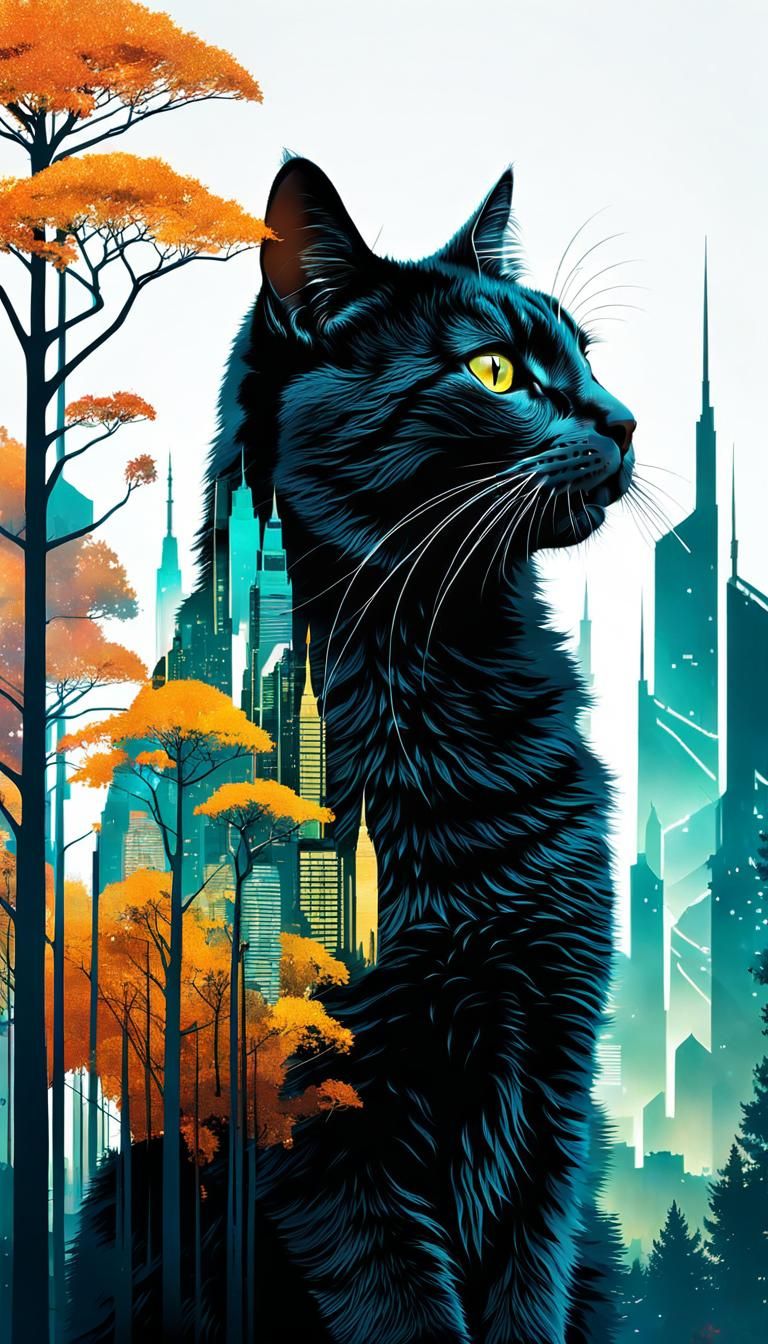 Cat Silhouette with Futuristic Cityscape