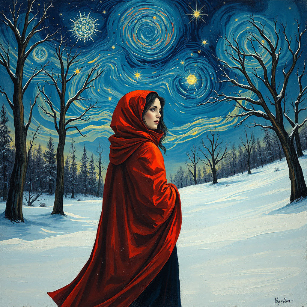 Snowy Landscape with Woman in Van Gogh Style