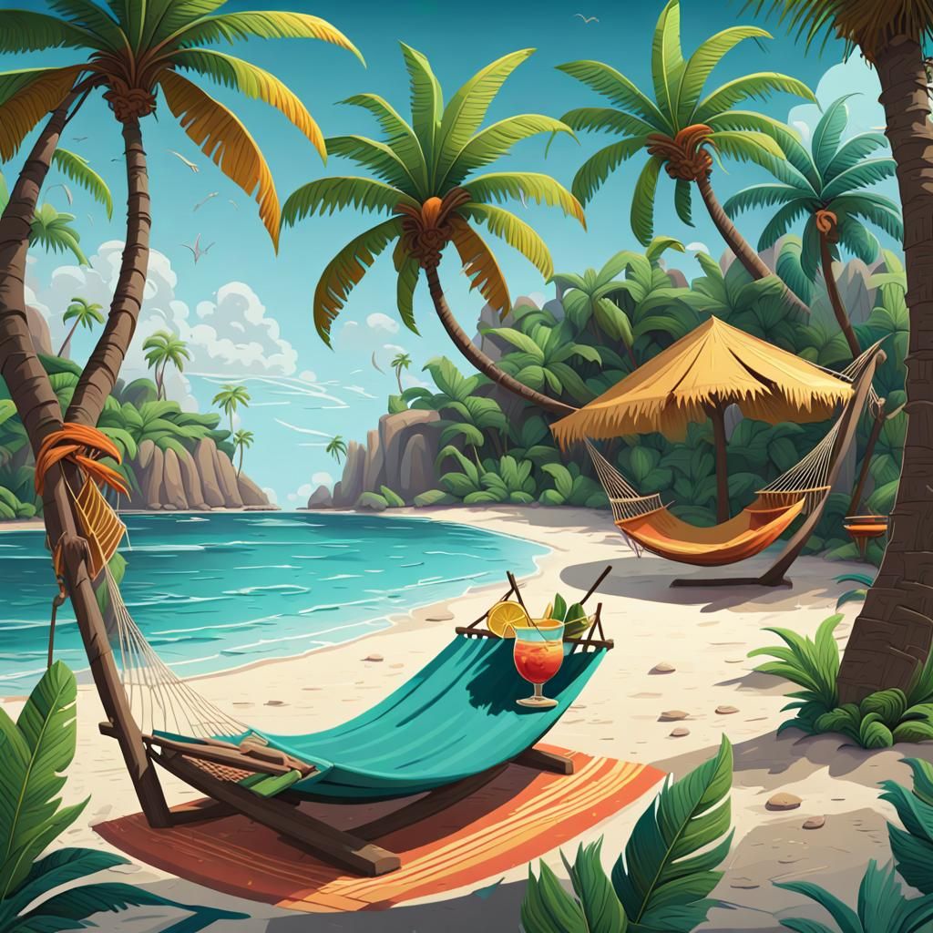 Tropical Island Sticker in 2D Vector Style