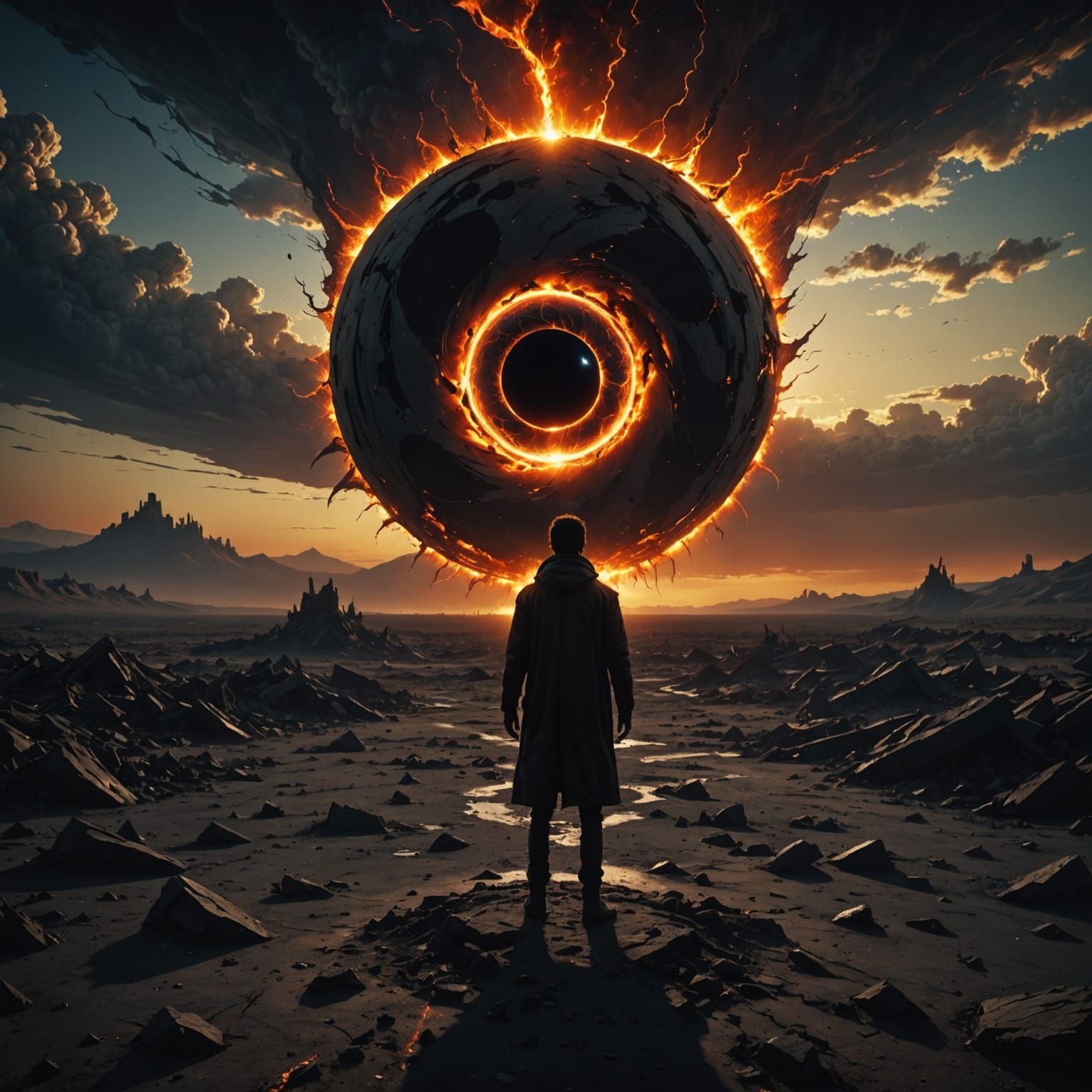 A lone figure faces the darkness of a massive Black Hole