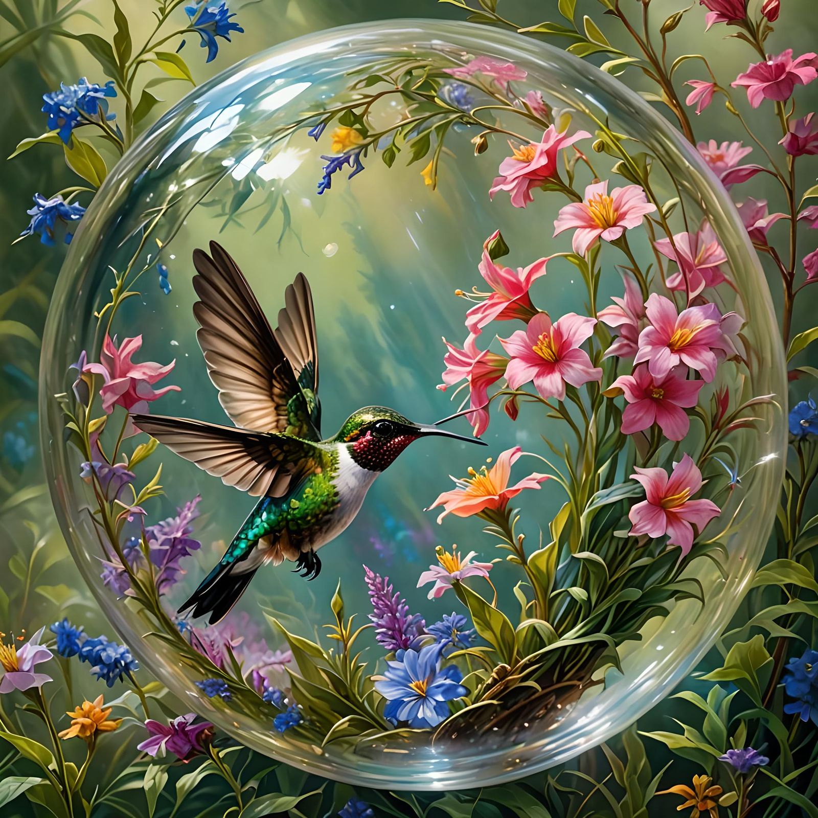 Hummingbird and Wildflower in Glass Orb: Ink and Watercolor