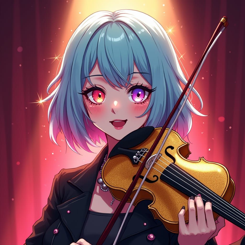 Glamorous Anime Idol Performs with Vibrant Music Notes