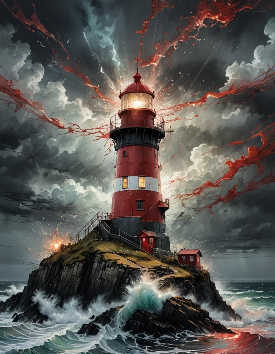 Stormy Sea Landscape with Lighthouse in Hyperrealism Style