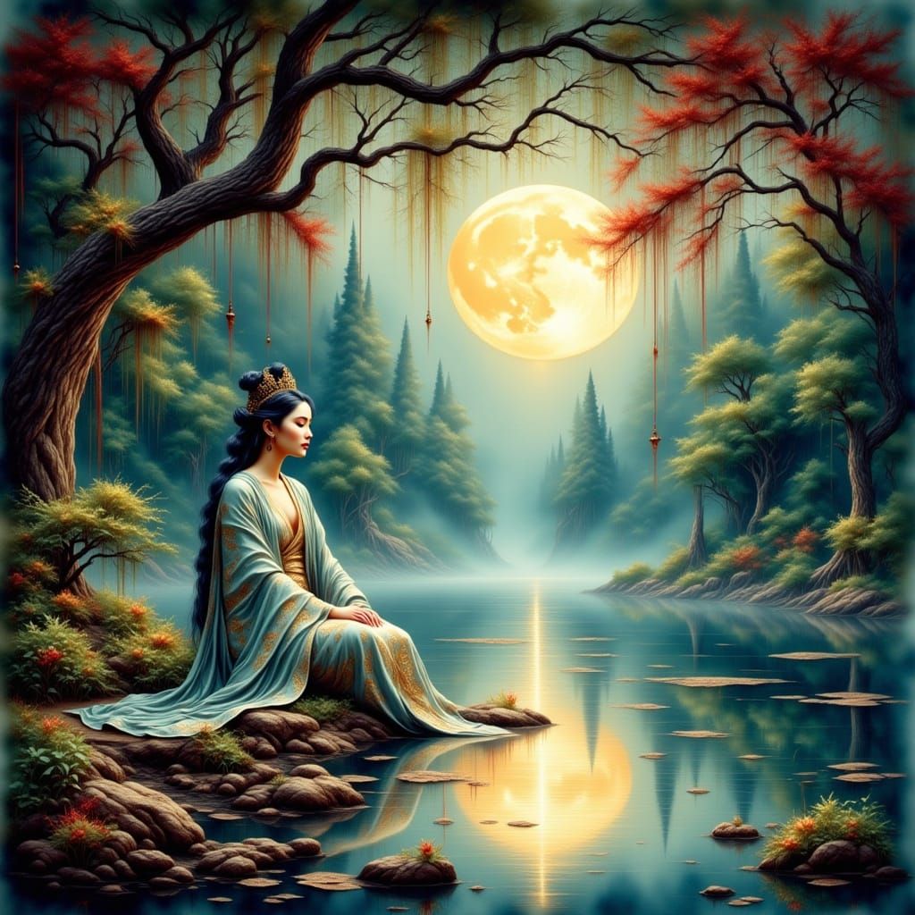 Mystical Goddess in Dreamy Watercolor Landscape