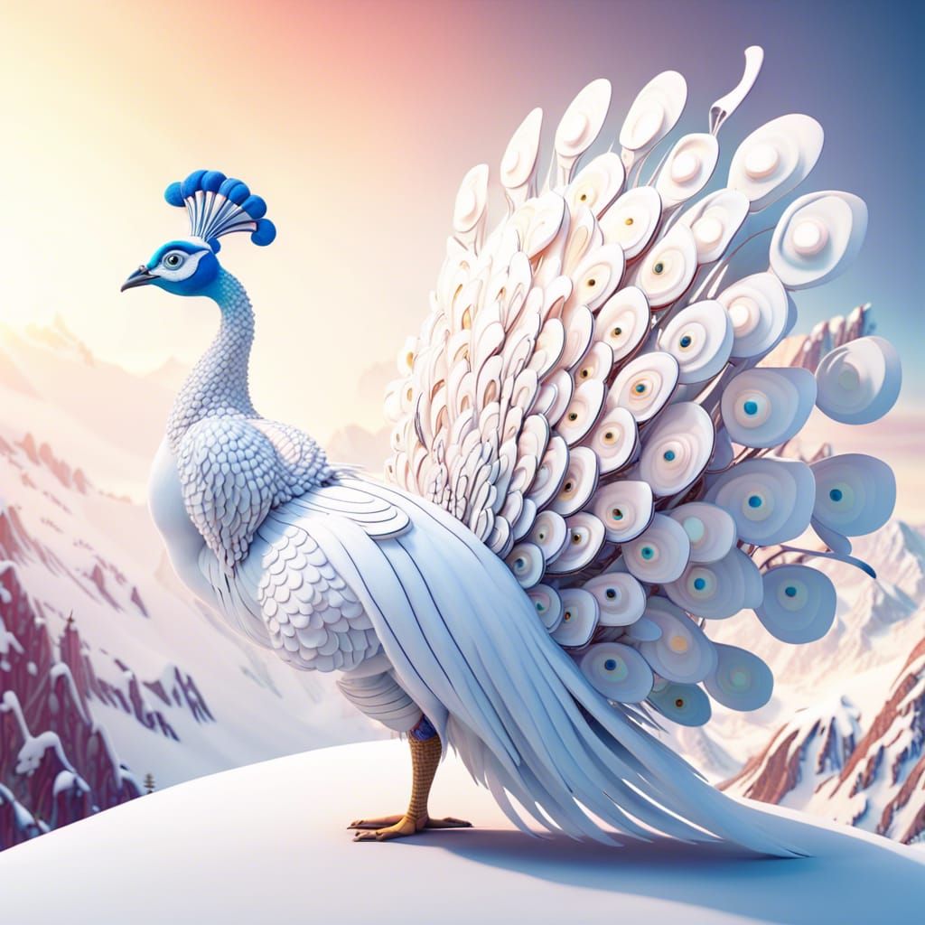 White Peacock in Snowy Himalayas: Pixar-Style 3D Art