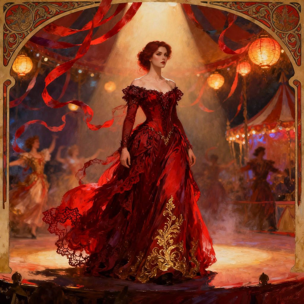 Scarlett Dragna in Crimson Gown on Stage