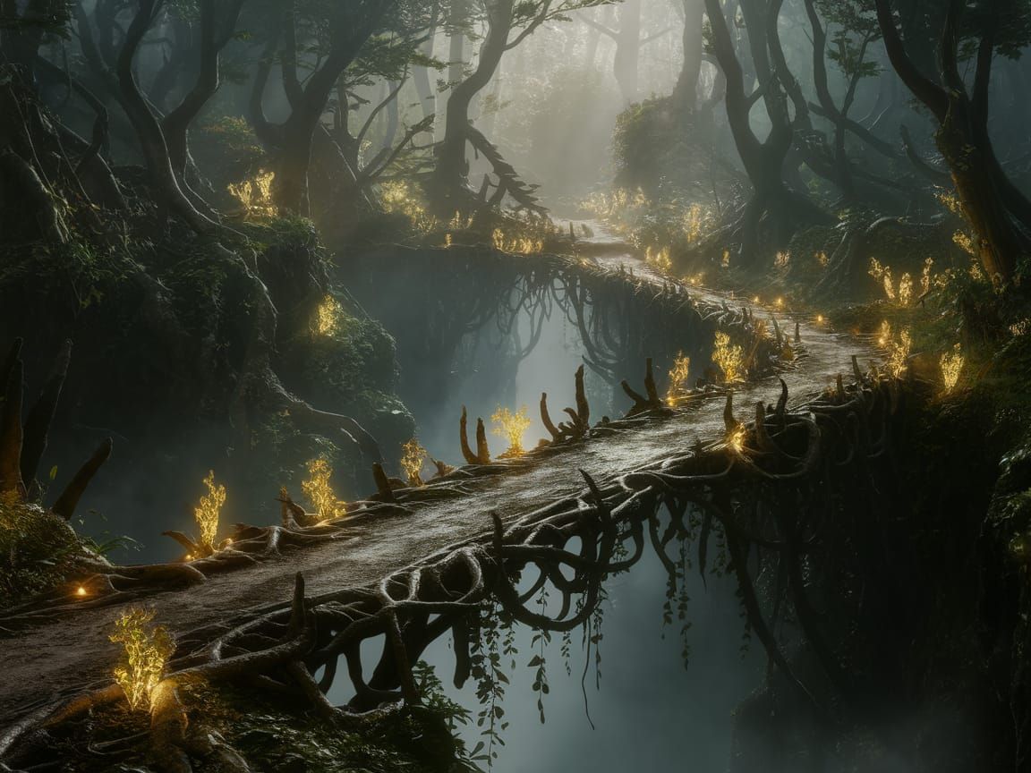 Mystical Primeval Bridge in Bioluminescent Forest