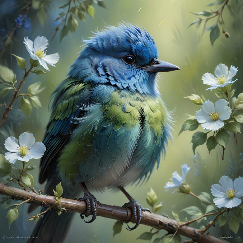Blue and Green Bird Oil Painting with Fine Brushstrokes