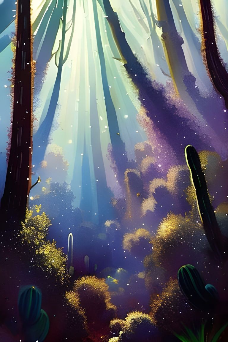 Sparkling Magical Cactus Forest with Glittering Particles