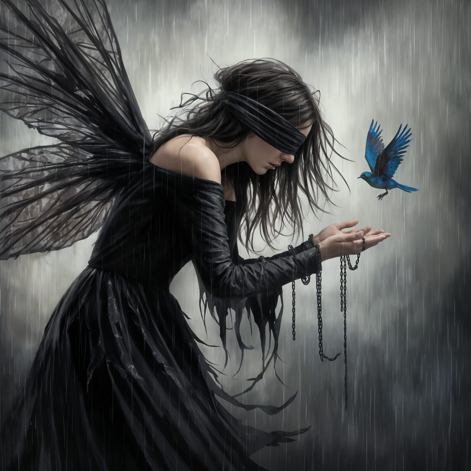 Mysterious Blindfolded Fairy Flees with Blue Bird in a Storm...