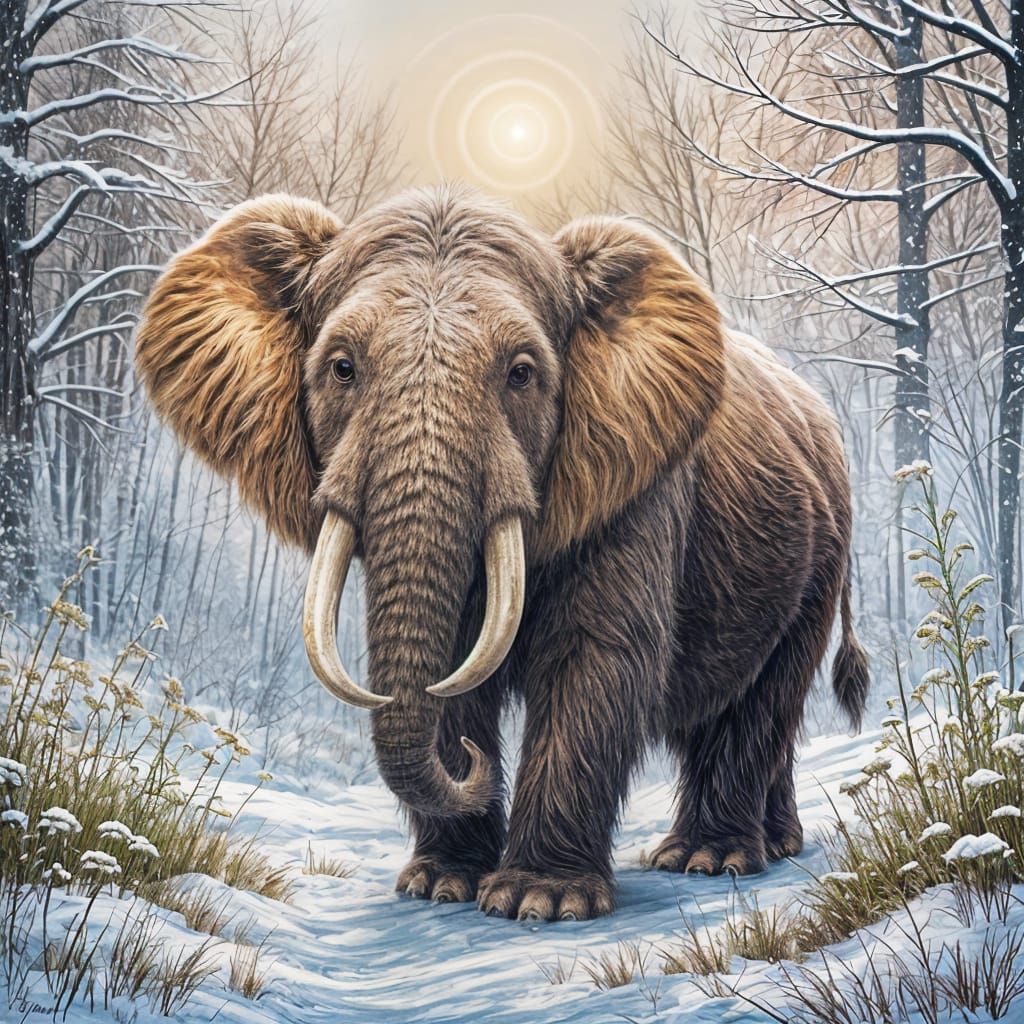 Cute Mammoth Cub in Snowy Meadow - Whimsical Children's Illu...