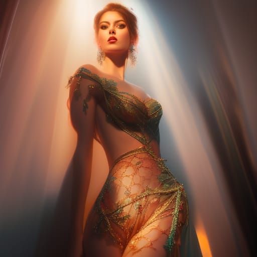 Red-Haired Woman in Sheer Gown: Oil Painting