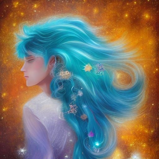 Surreal Blue-Haired Boy in Sparkling Abyss of Stars