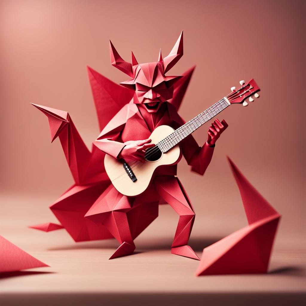 Origami Devil Plays Guitar in Papercraft Style