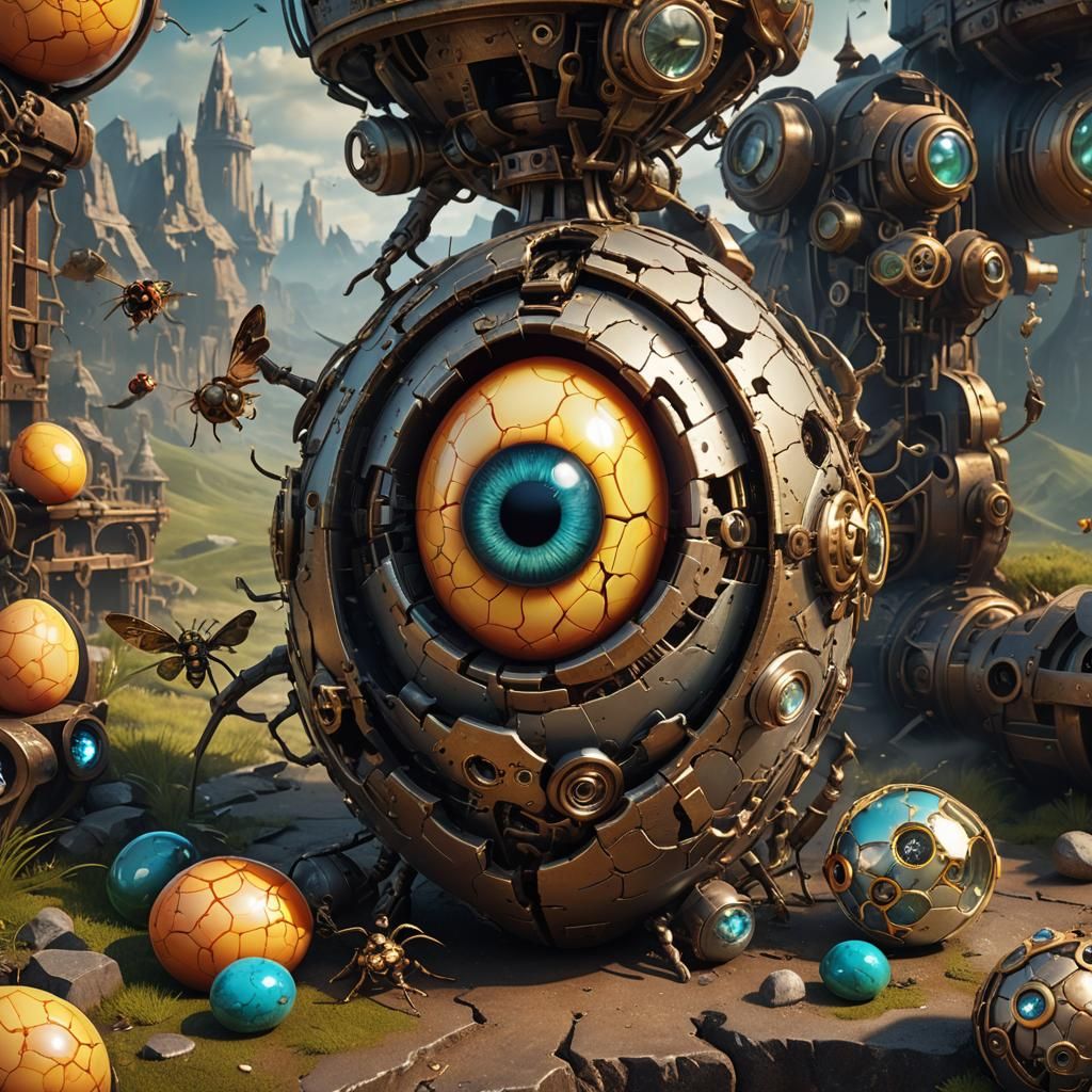 Surreal Eyeball Landscape with Steampunk Insects