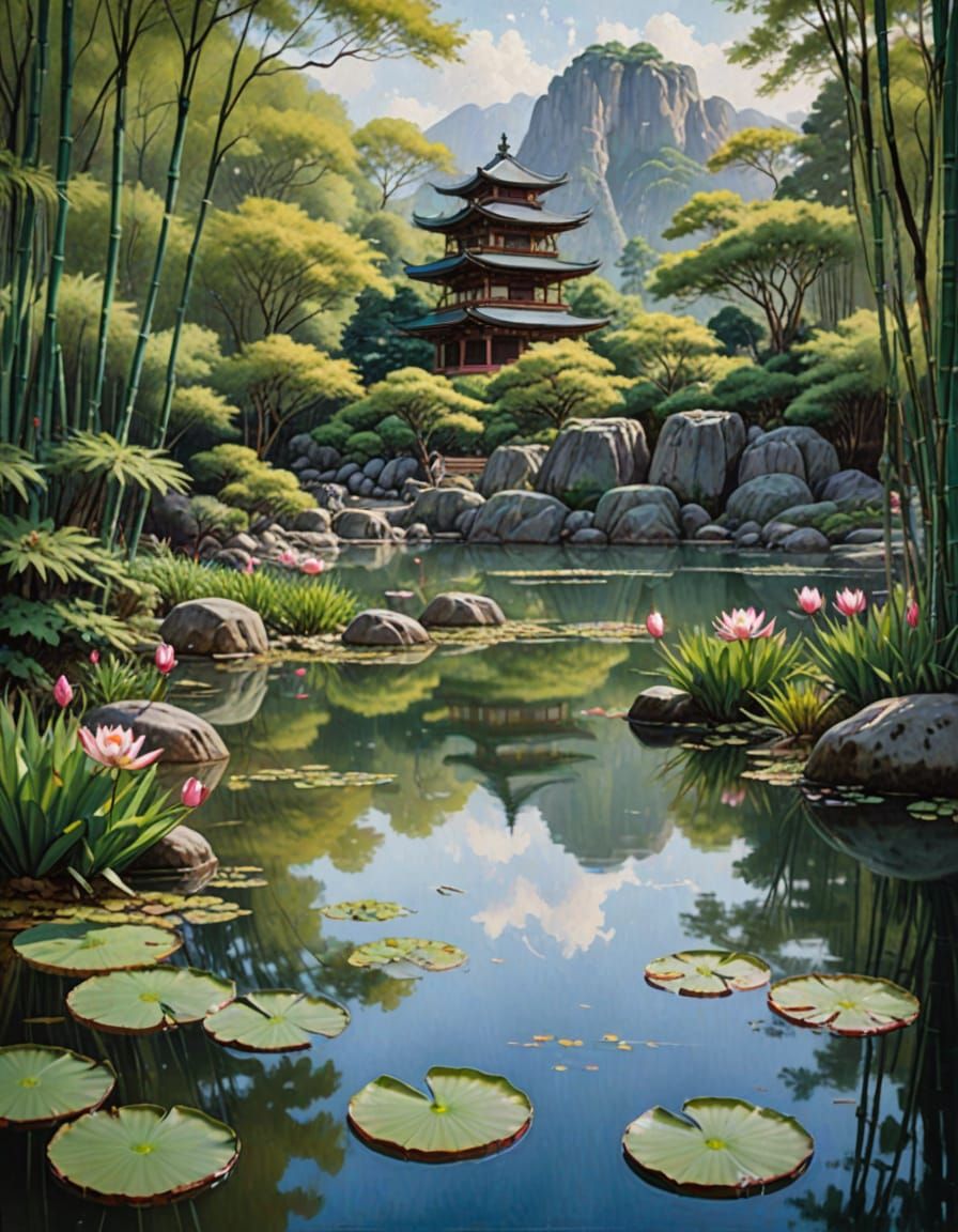 Idyllic Japanese Water Garden in Soft Oil Painting Style