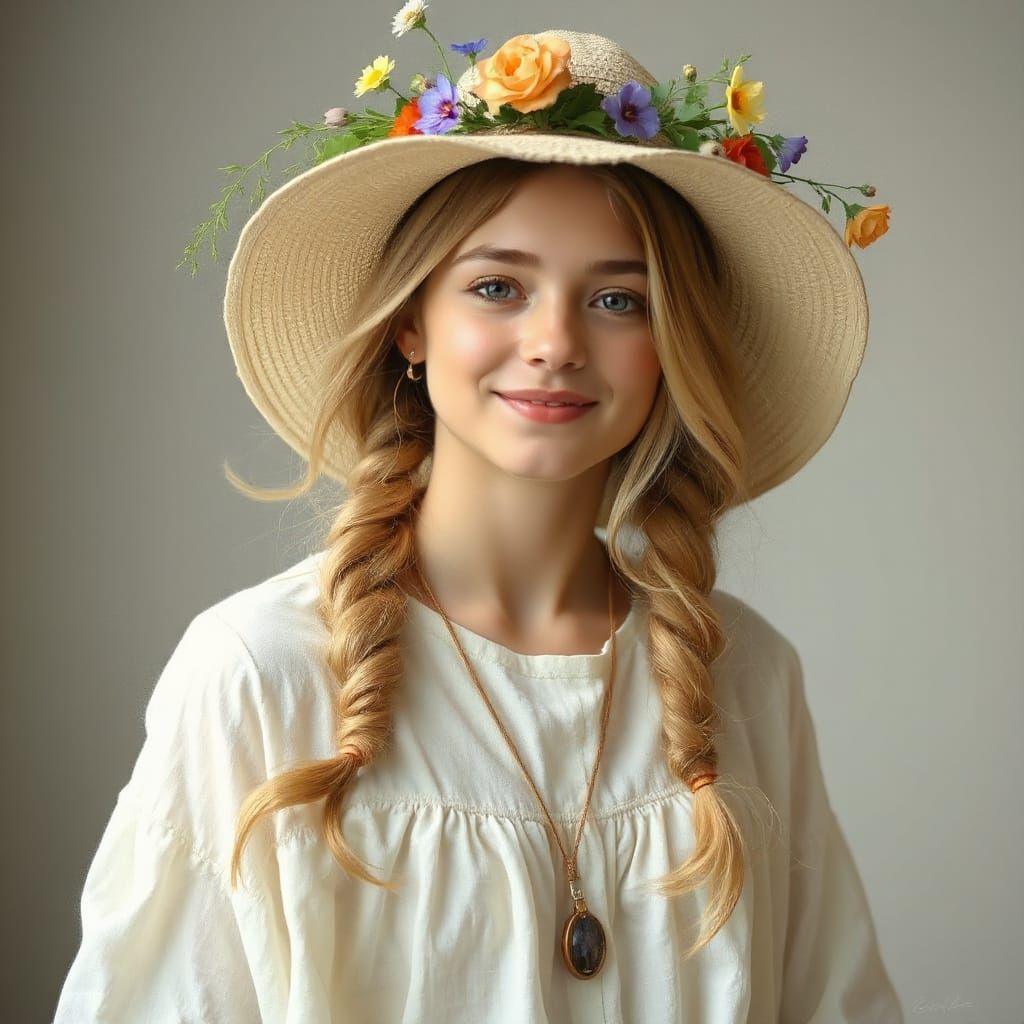 Young Woman with Wildflowers in Impressionistic Style