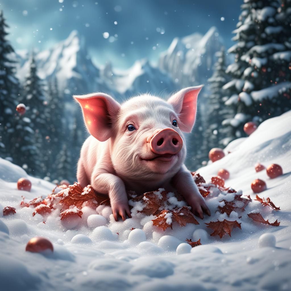 Cute Piglet in Snow, Detailed Digital Art