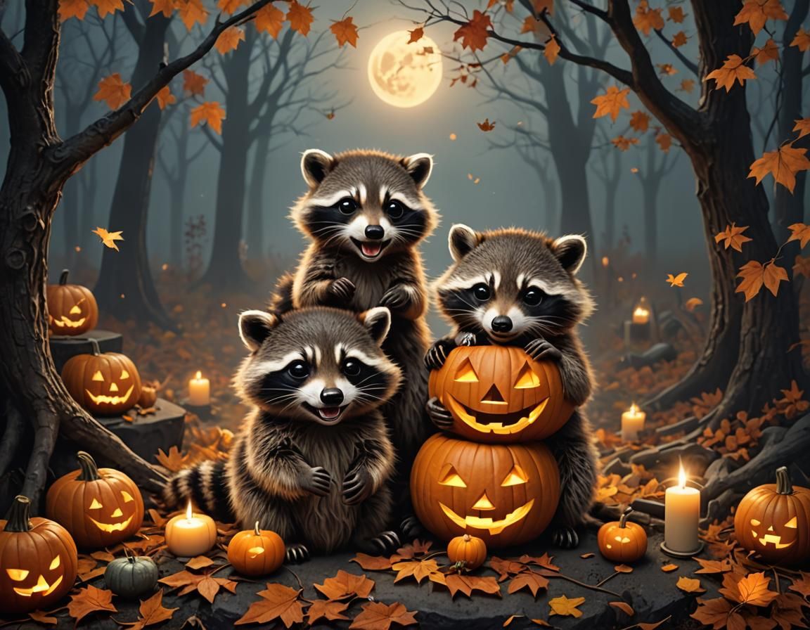 Baby Raccoons Carving a Jack-o-Lantern on Halloween