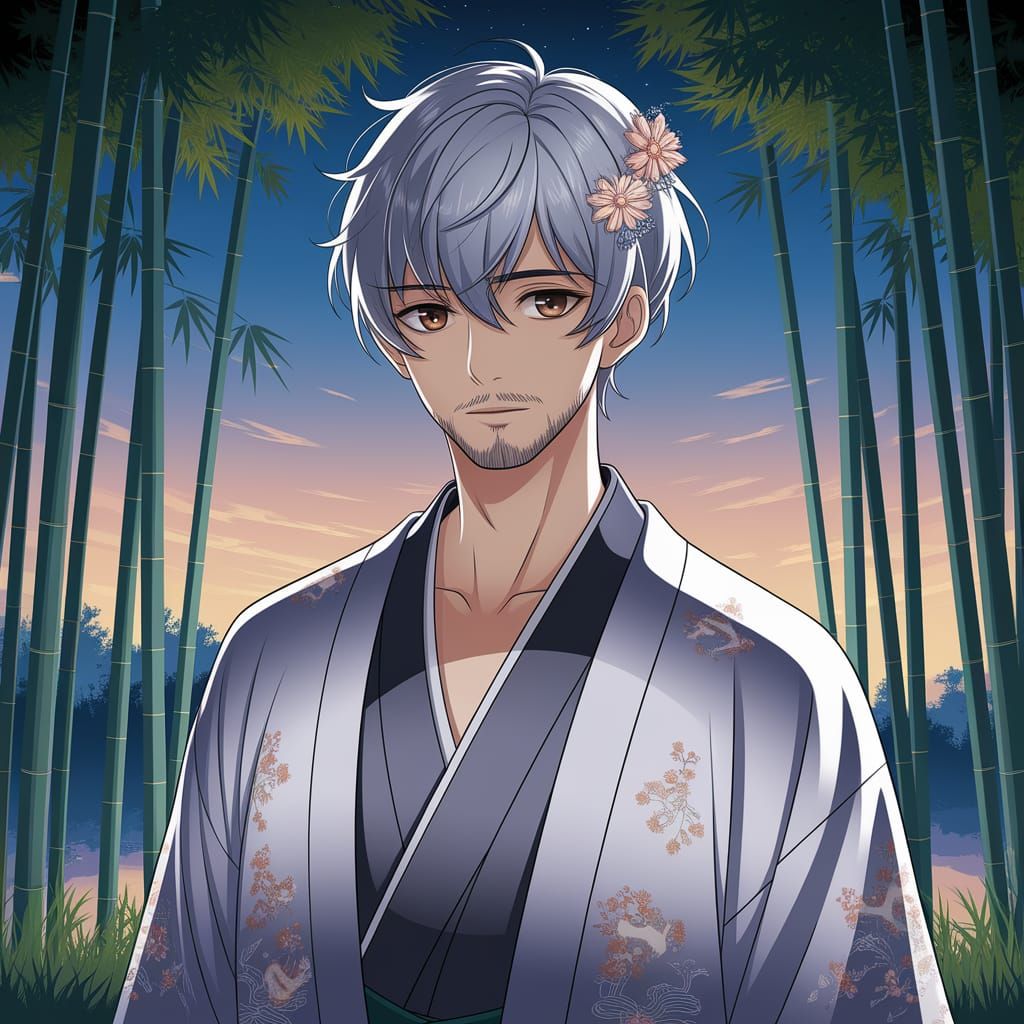 Anime Man in Bamboo Forest, Ghibli-Shinkai Style