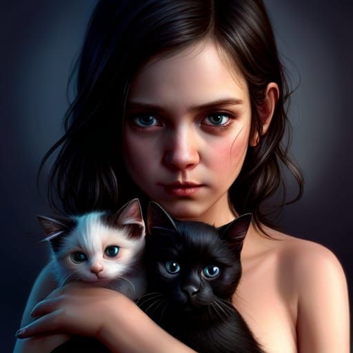 Wednesday Addams with Kitten: Hyperdetailed Fantasy Art