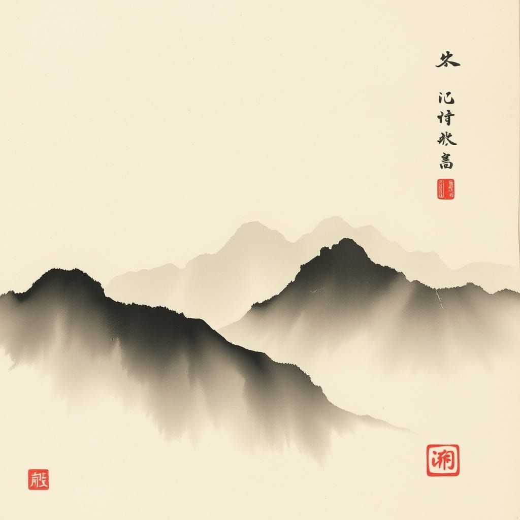 Sumi-e Ink Fragment with Misty Mountains