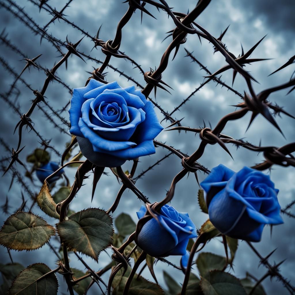 Hyperrealistic Blue Roses and Barbed Wire