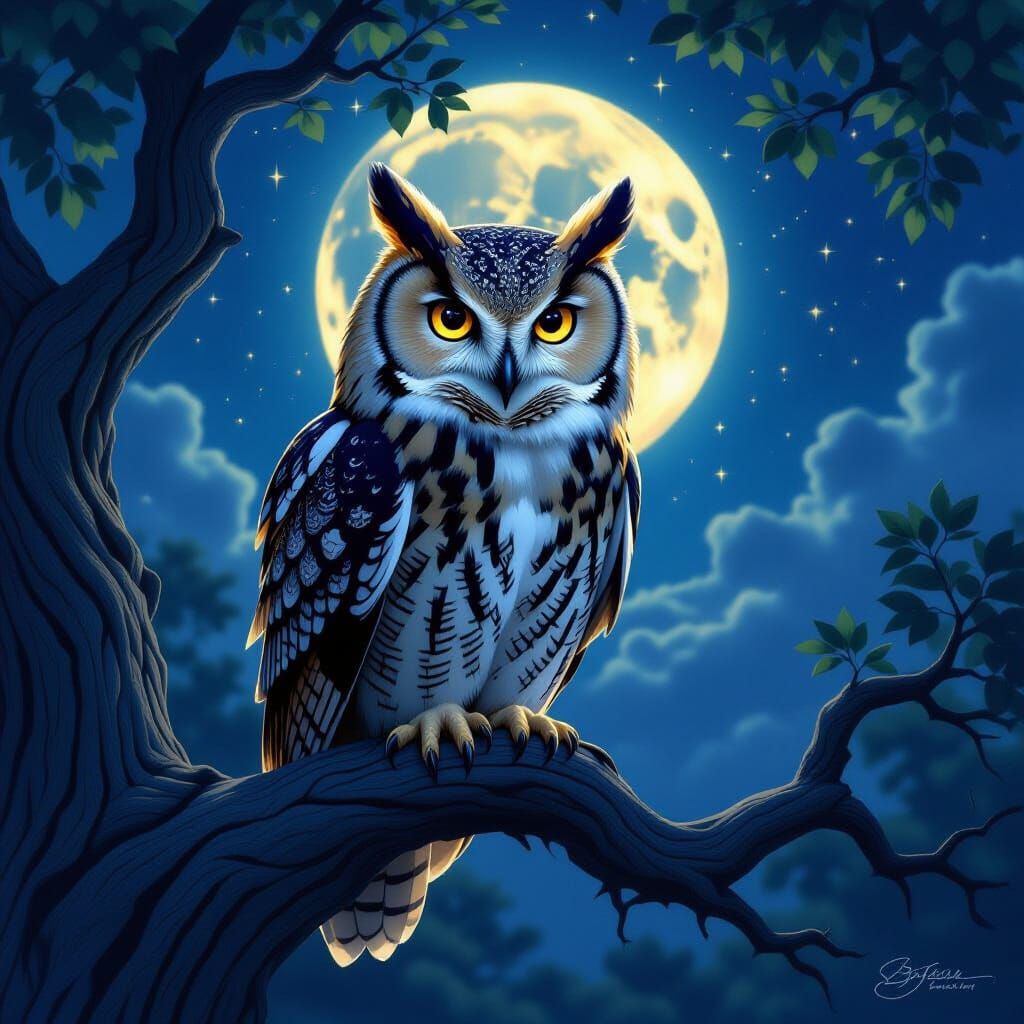 Majestic Owl in Moonlit Night Sky Digital Painting
