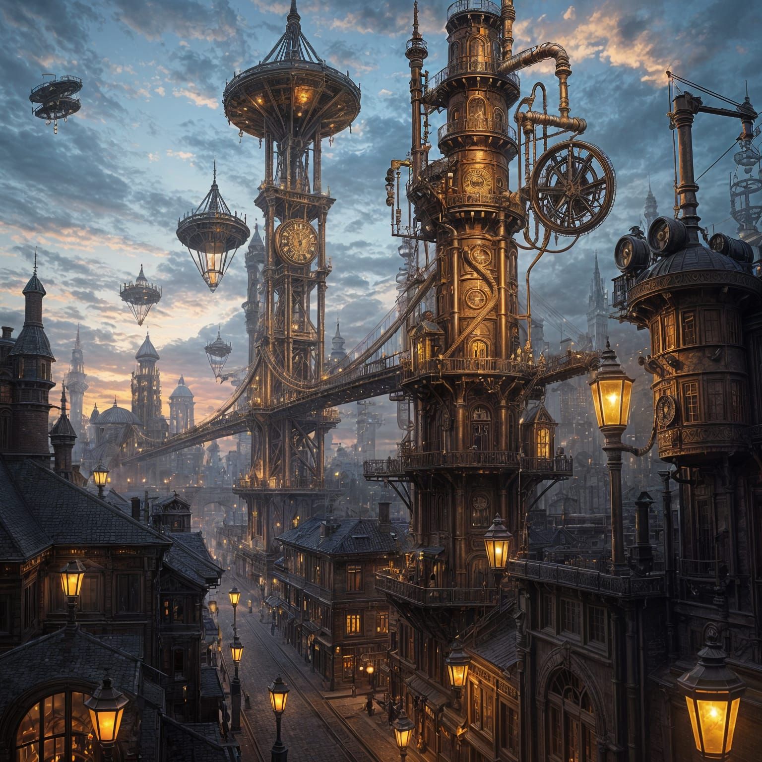 Steampunk Cityscape at Twilight with Dirigibles