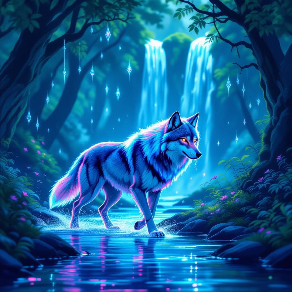 Neon Futuristic Wolf in Enchanted Forest